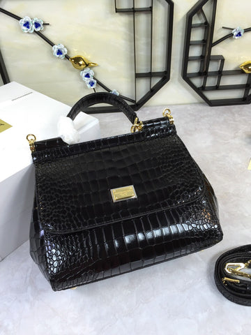 Top Quality Medium Sicily Bag In Foiled Crocodile-Print Black For Women 10.2in/26cm Top Quality