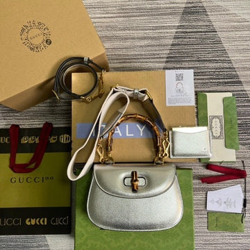 gg Bamboo 1947 Medium Top Handle Bag Silver For Women, Women’s Bags 10in/26cm gg