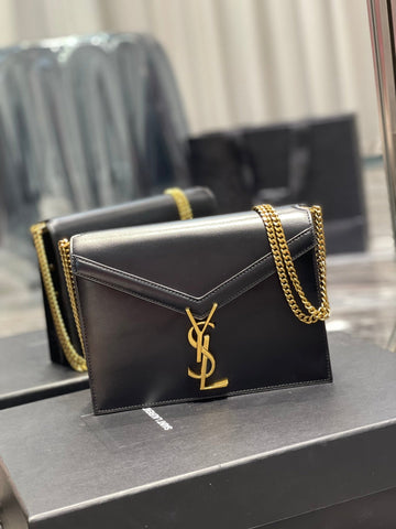 YSSL Cassandra Medium Chain Bag Black In Grain De Poudre Embossed For Women 8in/22cm YSL 5327500SXSW1000