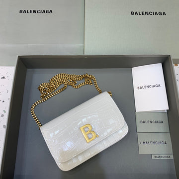 Top Quality Croc Embossed Patent B Bag With Chain In White, For Women,  Bags 7.9in/20cm