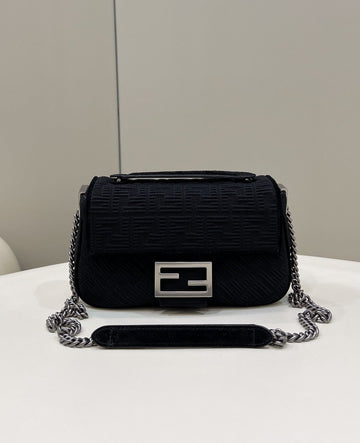 Top QualityTop Quality Baguette Chain Midi Black FF Fabric Bag For Woman 14.5cm/6in