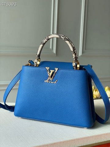 Top Quality Woven Capucines Python Handle Bag 27cm Taurillon Leather Spring/Summer 2021 Collection N98388, Blue