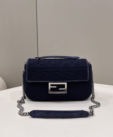 Top QualityTop Quality Baguette Chain Midi Navy Blue FF Fabric Bag For Woman 14.5cm/6in