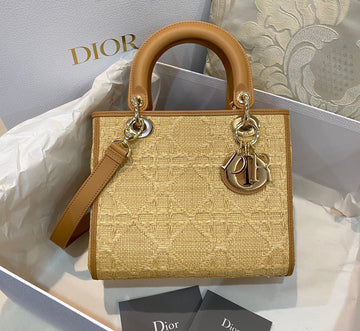 Top Quality MeTop Qualityum Lady Bag Natural Cannage Raffia, Brown Handbags, 24cm CD M0565OMBD_M925