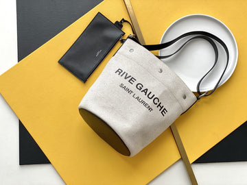 YSSL Rive Gauche Bucket Bag In Linen With Black Strap For Women 11in/30cm YSL 669299FAAAZ9024
