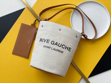 YSSL Rive Gauche Bucket Bag In Linen With Brown Strap For Women 11in/30cm YSL 669299FAABK9053