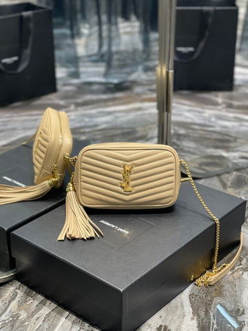 YSSL Lou Mini Bag Beige In Quilted Grain De Poudre With Gold Hardware For Women 7in/19cm YSl 6125791GF012721