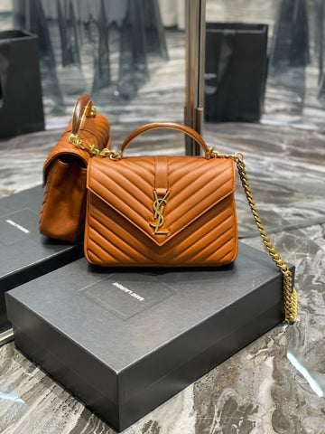YSSL College Medium Chain Bag Brown Gold Toned Hardware For Women 9in/24cm YSL 600279BRM076309