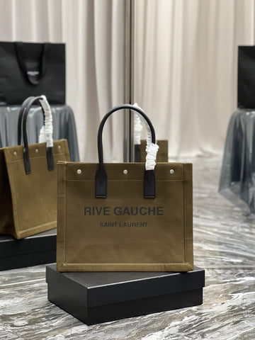 YSSL Rive Gauche Small Tote Bag In Linen Khaki Brown For Women 15in/39cm YSL