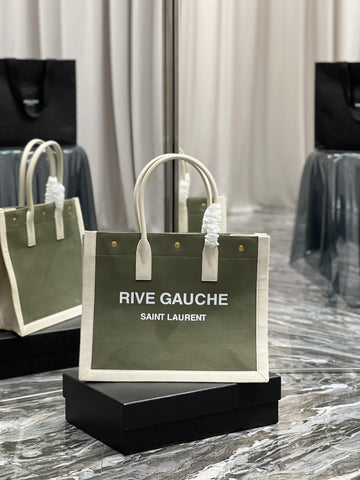 YSSL Rive Gauche Small Tote Bag In Linen Military Green For Women 15in/39cm YSL 617481FAADI3281