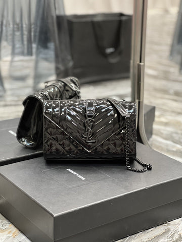 Top Quality Envelope Small Bag Black In Mix MatelassÃ© Grain De Poudre Embossed Material For Women 8.2in/21cm YSL