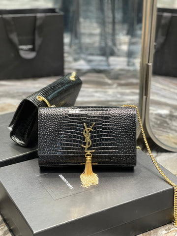 YSSL Kata Medium Chain Bag Black With Tassel For Women 9in/24cm YSL 354119DND0J1000