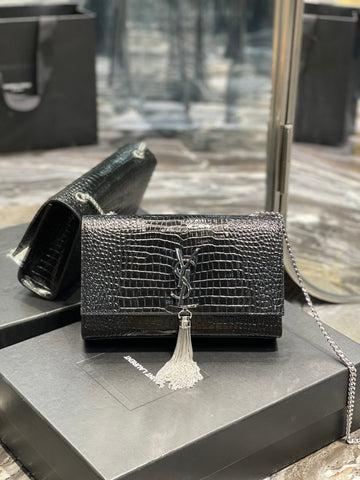 YSSL Kata Medium Chain Bag Black With Tassel For Women 9in/24cm YSL 354119DND0N1000