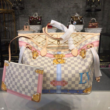 Top Quality Neverfull MM Tote Bag Trompe L’oeil Print Damier Azur Canvas For Women,  Shoulder Bags 12.6in/32cm Top Quality N41065