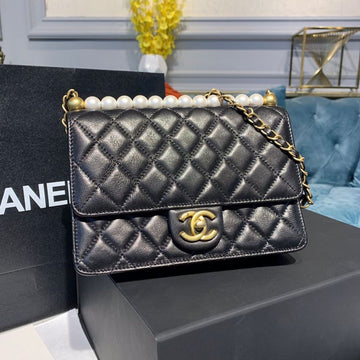 CHLShort Pearl Handle Bag Gold Toned Hardware Black For Women Handbags, Shoulder And Crossbody Bags 8.2in/21cm AS0585