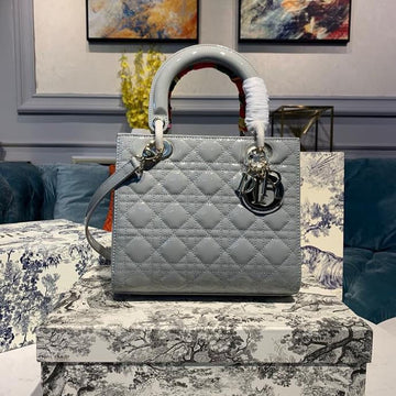Top Quality MeTop Qualityum Lady Bag Gold Toned Hardware Patent Light Grey For Women 24cm/9in CD