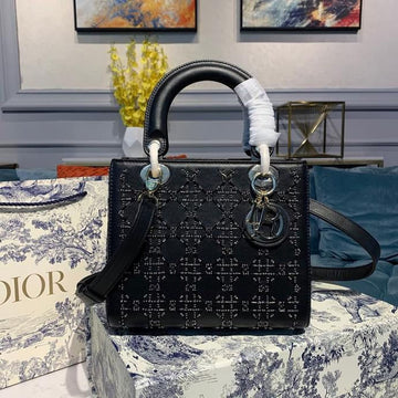 Top Quality MeTop Qualityum Lady Bag Gold Toned Hardware Embroidered Black 24cm/9in CD