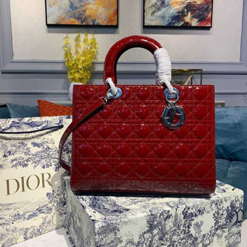 Top Quality Large Lady Bag Silver Hardware Cherry Red Patent For Women 12.5in/32cm CD