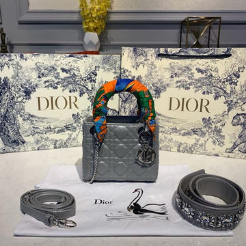 Top Quality Mini Lady Bag with Chain and Embellished Bag Strap Silver Hardware Spring/Summer Collection, Pearl Grey, For Women WomenÂs Handbags, 18cm CD M0505OADU_M11G