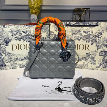 Top Quality MeTop Qualityum Lady Bag SiTop Qualityer Hardware with Embellished Bag Strap Pearl Grey For Women 9.5in/24cm CD