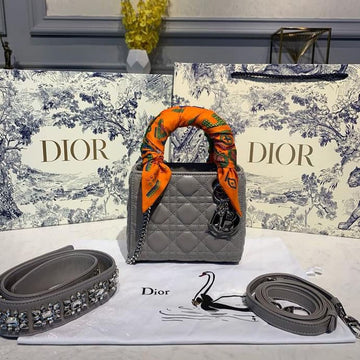 Top Quality Mini Lady Bag with Chain and Embellished Bag Strap Silver Hardware Spring/Summer Collection, Grey, For Women WomenÂs Handbags, 18cm CD