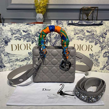 Top Quality Small Lady Bag Silver Hardware with Embellished Bag Strap Grey For Women 8in/20cm CD
