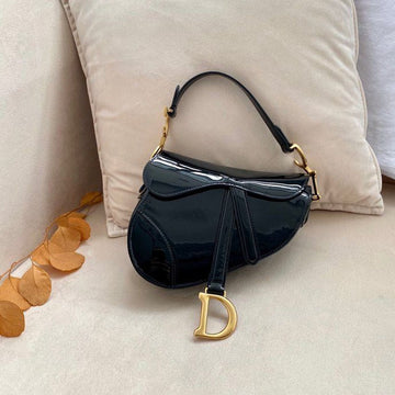 Top Quality Saddle Bag Black Patent Gold Toned Hardware For Women 19.5cm/7.6in CD