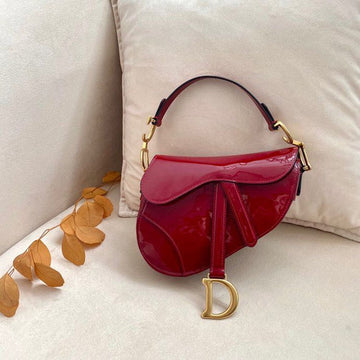Top Quality Micro Saddle Bag Red Patent Gold Toned Hardware For Women 19.5cm/7.6in CD