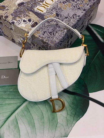Top Quality Saddle Bag White Oblique Embroidered Canvas Gold Toned Hardware For Women 21cm/8.5in CD