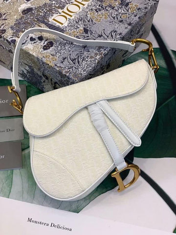 Top Quality Saddle Bag White Oblique Embroidered Canvas Gold Toned Hardware For Women 25cm/10in CD