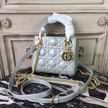 Top Quality Mini Lady Bag Silver with Chain Gold Toned Hardware For Women 6.5in/17cm CD
