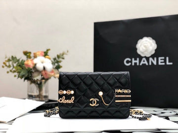 CHL Flap Bag Gold Toned Hardware Black For Women 7in/19cm