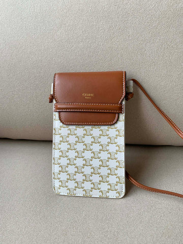 Top Quality Phone Pouch With Top Qualityap In Triomphe Canvas And Lambskin White/Tan For Women 7in/18cm 10G332CQD.01TA