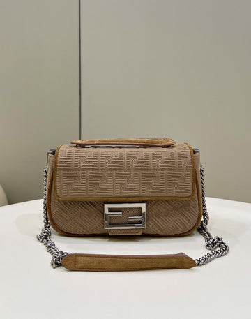 Top QualityTop Quality Baguette Chain Midi Beige FF Fabric Bag For Woman 14.5cm/6in 8BR793AHW5F1F2J