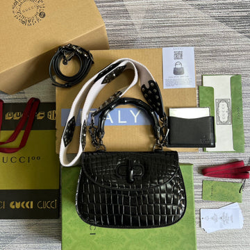 gg Bamboo 1947 Crocodile Top Handle Bag Black For Women, Women’s Bags 10in/26cm gg