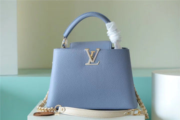Top Quality Capucines BB Taurillon Light Blue/ Beige For Women, WomenÂs Bags, Shoulder And Crossbody Bags 10.6in/27cm Top Quality