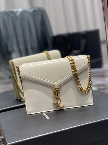 YSSL Cassandra Medium Chain Bag White In Grain De Poudre Embossed For Women 8in/22cm YSL 532750BOW0W9207