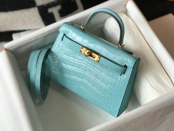 Top Quality Mini Kelly 19 Embossed Patent Blue Paon Bag With Gold-Toned Harware For Women, Handbags, Shoulder Bags 7.5in/19cm