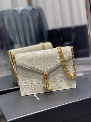 YSSL Cassandra Medium Chain Bag White In Grain De Poudre Embossed For Women 8in/22cm YSL