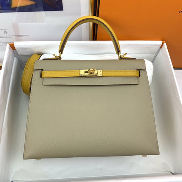 Top Quality Kelly 25 Sellier Epsom Greige/Yellow Bag For Women, Handbags, Shoulder Bags 10in/25cm