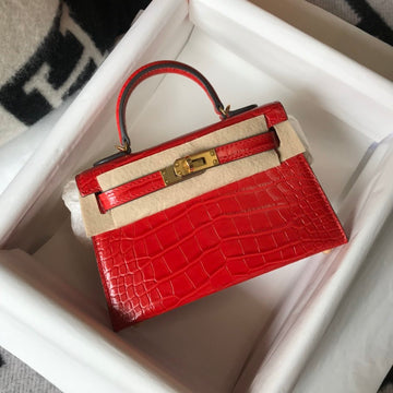Top Quality Mini Kelly 19 Embossed Patent Sellier Red Bag With Gold-Toned Harware For Women, Handbags, Shoulder Bags 7.5in/19cm