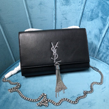 YSSL Kate Medium Chain Bag With Tassel In Grain De Poudre Black For Women 9in/24cm YSL 354119BOW0N1000