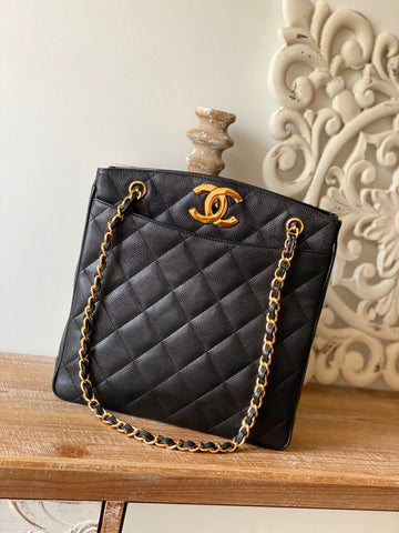 CHL Black Large Quilted Caviar Tote Bag For Women 28cm/11in