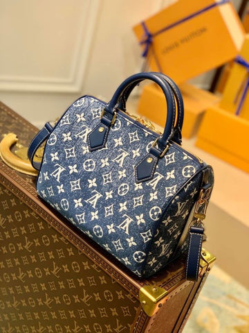 Top Quality Speedy Bandouliere 25 Monogram Denim Jacquard Navy Blue For Women, WoHandbags 9.8in/25cm Top Quality M59609