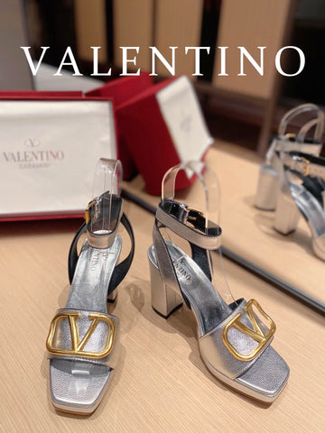 Valentino Garavani Strap Heeled Sandals With V Logo Signature EmbellisTop Qualityent Silver For Women