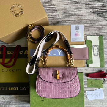 gg Bamboo 1947 Crocodile Top Handle Bag Pink For Women, Women’s Bags 10in/26cm gg