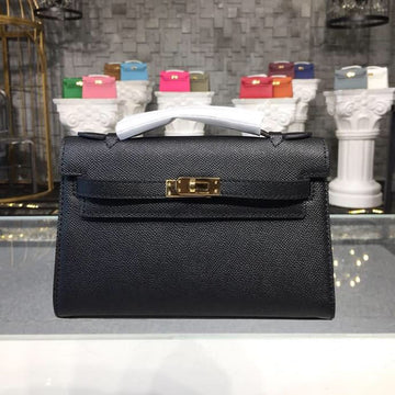 Top Quality Mini Kelly KP Pochette Black For Women Gold Toned Hardware 8.7in/22cm