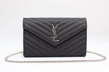 YSSL Cassandre MatelassÃ© Chain Wallet In Grain De Poudre Embossed Black For Women 8.8in/23cm YSL 377828BOW021000