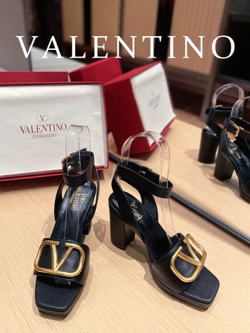 Valentino Garavani Strap Heeled Sandals With V Logo Signature EmbellisTop Qualityent Black For Women