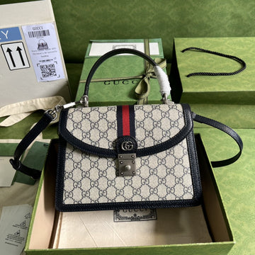 gg Ophidia Small Top Handle Bag Beige And Blue gg Supreme Canvas  For Women 10in/25cm 651055 96IWN 4076